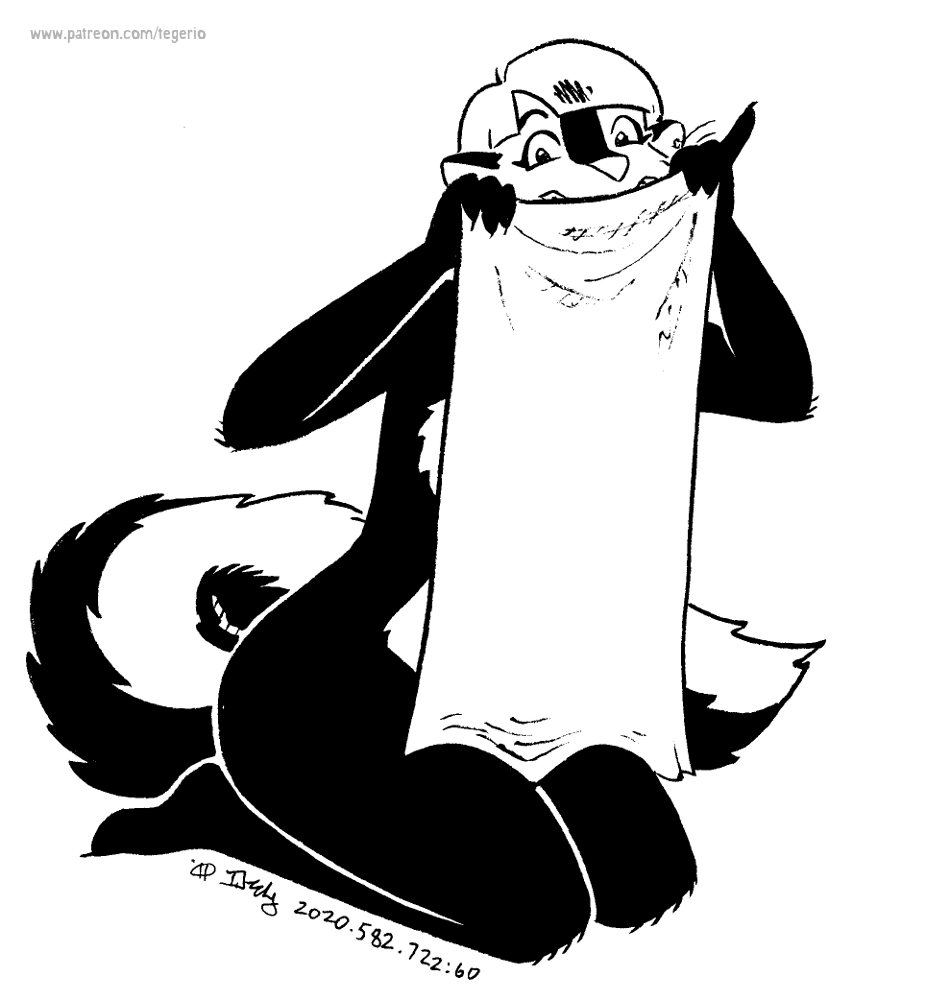 anthro ear_piercing female kneeling nude piercing solo tail towel whiskers tegerio zandar's_saga kelly_o'dor mammal mephitid skunk striped_skunk 2020 black_and_white monochrome