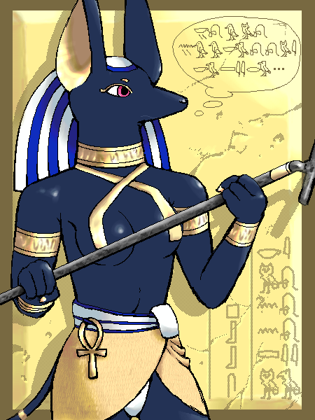 ankh anthro black_body black_fur breasts clothing egyptian female fur hieroglyphics purple_eyes red_eyes solo staff standing thought_bubble g-sun egyptian_mythology middle_eastern_mythology mythology anubis anubian_jackal canid canine canis deity jackal mammal 3:4 archived_source