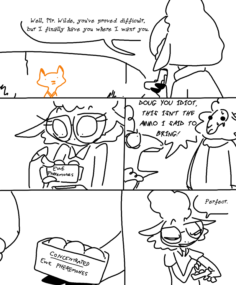 anthro big_glasses bodily_fluids clothed clothing dialogue eyewear female frown glasses humor male naughty_face simple_background speech_bubble sweat text yelling the_weaver disney zootopia dawn_bellwether doug_ramses nick_wilde bovid canid canine caprine domestic_sheep fox mammal red_fox sheep true_fox comic digital_media_(artwork) english_text monochrome