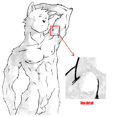 abs animal_genitalia anthro attached_sheath balls biceps fully_sheathed fur genitals hand_on_own_head looking_up male muscular muscular_anthro muscular_male navel nipples nude pecs raised_arm red_text sheath simple_background solo standing text white_background artdecade canid canine mammal english_text half-length_portrait hatching_(art) low_res portrait shaded