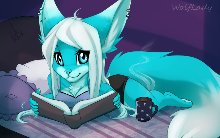 5_fingers anthro bed beverage big_ears blue_body blue_eyes blue_fur book breasts chest_tuft clothed clothing coffee container cup female fingers fur furniture hair jewelry looking_at_viewer lying piercing smile solo steam tuft white_hair wolflady jaelri canid canine fox mammal 2018 digital_media_(artwork)