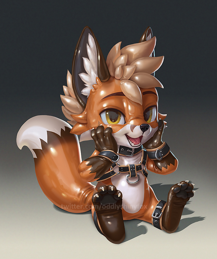 ambiguous_gender anthro biped chibi collar cuff_(restraint) glistening glistening_body handcuffs harness legcuffs metal_cuffs open_mouth restraints sitting sitting_on_ground solo silverfox5213 canid canine fox mammal 2024