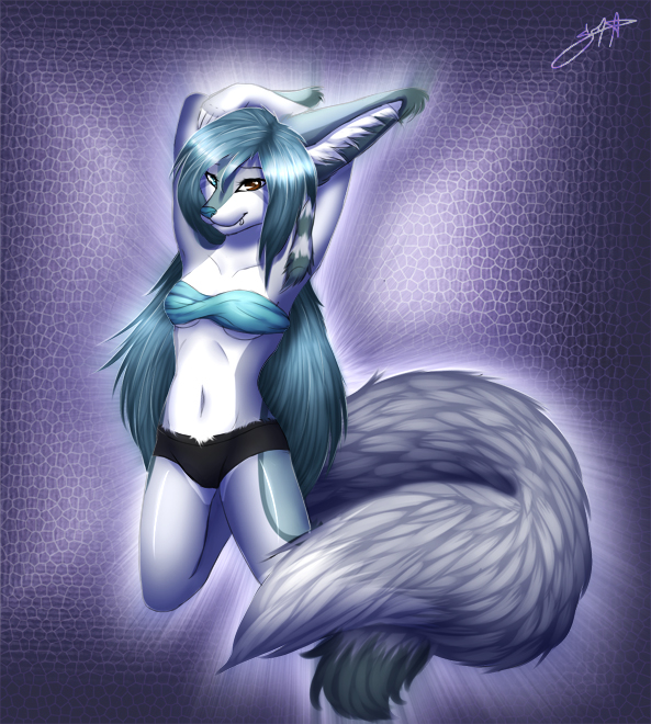 anthro blue_hair blue_nose clothed clothing coontail_hair female fur grey_body grey_fur hair heterochromia looking_at_viewer pointy_ears prick_ears purple_background simple_background skimpy solo tail underwear white_body white_fur pacmancorp canid canine canis mammal wolf 2013