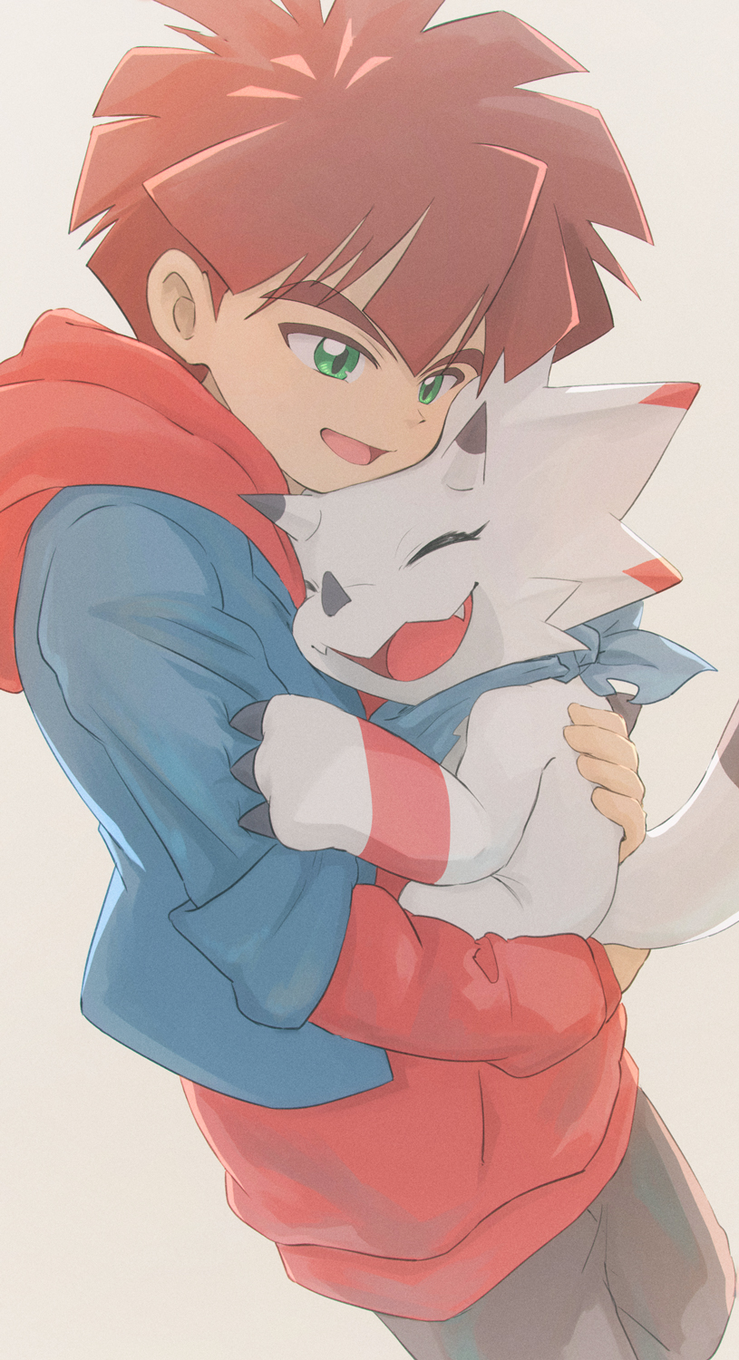 anthro brown_hair claws clothing duo green_eyes hair hoodie hug male topwear white_body kubota_keita bandai_namco digimon digimon_ghost_game hiro_amanokawa digimon_(species) gammamon human mammal hi_res