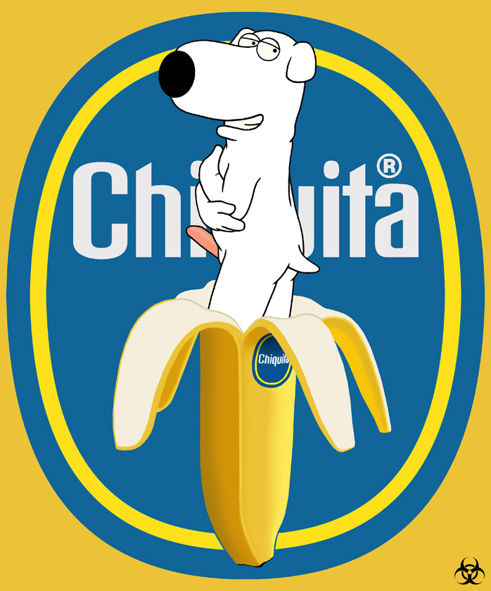 anthro banana butt erection food fruit genitals looking_at_viewer looking_back male penis plant rear_view smile solo text biohazard_(artist) chiquita_(brand) family_guy brian_griffin canid canine canis domestic_dog mammal