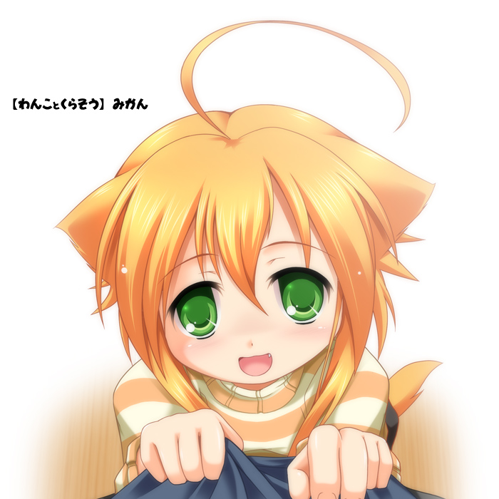 fangs female green_eyes hair looking_at_viewer orange_hair short_hair simple_background solo teeth white_background young unknown_artist wanko_to_kurasou mikan_(wanko) animal_humanoid canid canid_humanoid canine canine_humanoid canis dog_humanoid domestic_dog humanoid mammal mammal_humanoid 1:1