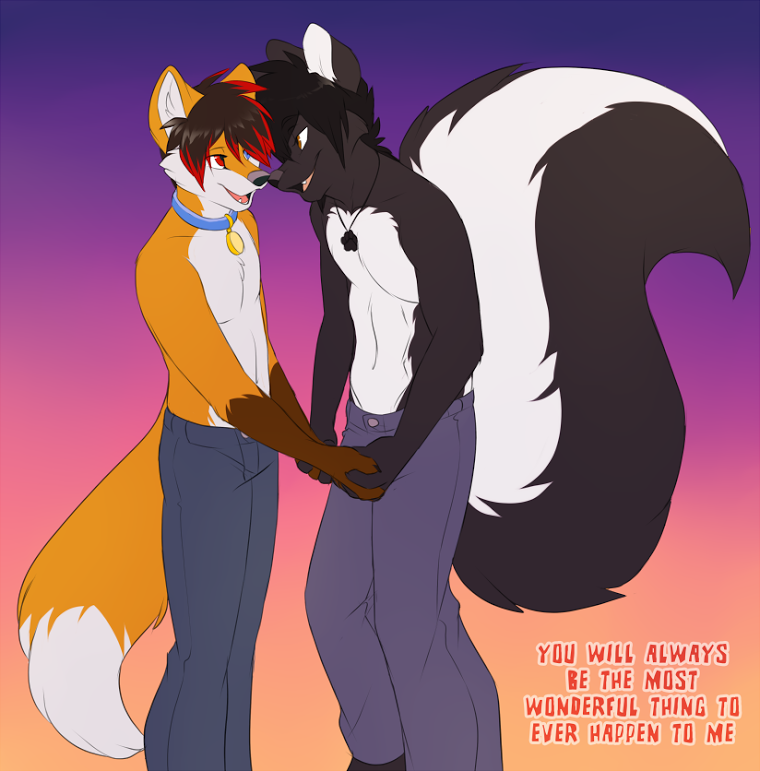 anthro clothed clothing collar duo fluffy fluffy_tail hand_holding heterochromia love male male/male tail text topless jailbird ash_harden nanabi_ashiro canid canine canis fox hybrid mammal mephitid skunk wolf digital_media_(artwork) english_text