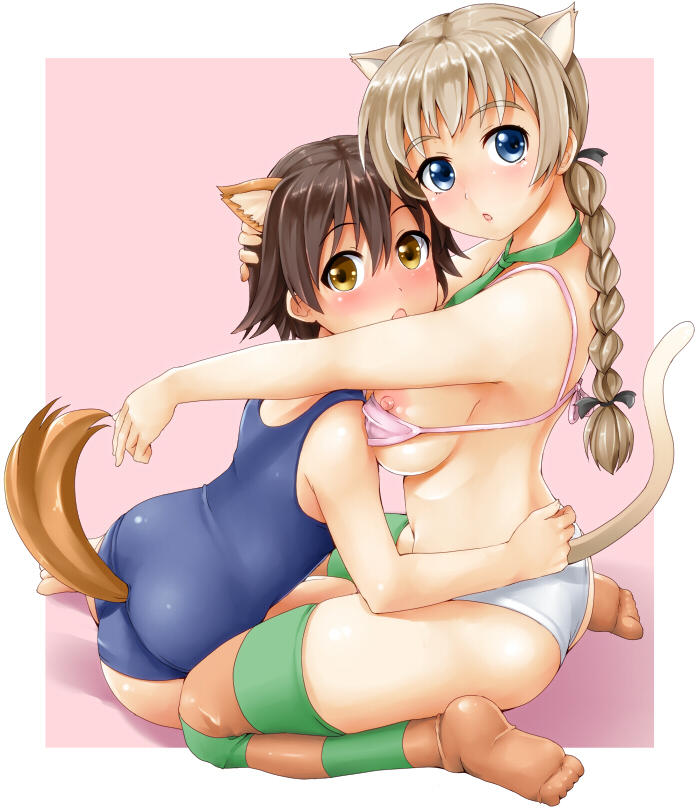 big_breasts blonde_hair blue_eyes blush braided_hair breasts brown_eyes brown_hair clothing curvy_figure duo female hair legwear nipple_slip nipples swimwear thigh_highs underwear voluptuous lambda_(kusowarota) strike_witches lynette_bishop miyafuji_yoshika animal_humanoid canid canid_humanoid canine canine_humanoid canis cat_humanoid dog_humanoid domestic_dog felid felid_humanoid feline feline_humanoid humanoid mammal mammal_humanoid