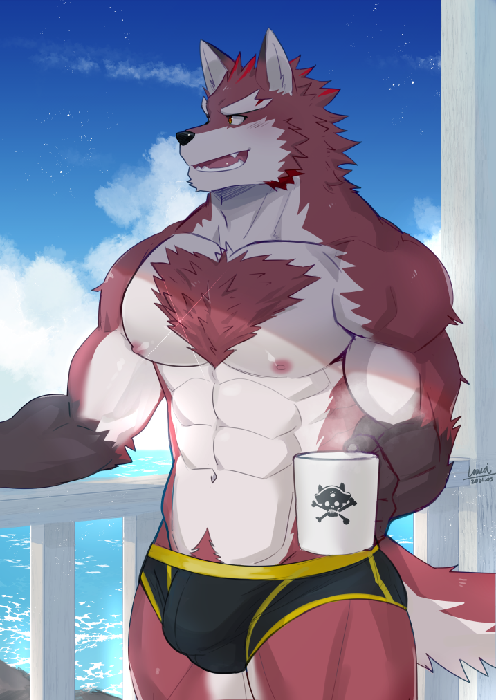 abs anthro bulge chest_tuft day fur male muscular muscular_anthro muscular_male nipples pubes red_body red_fur shirtless shirtless_male smile solo teacher tuft luwei_(artist) knights_college diederich_olsen canid canine mammal