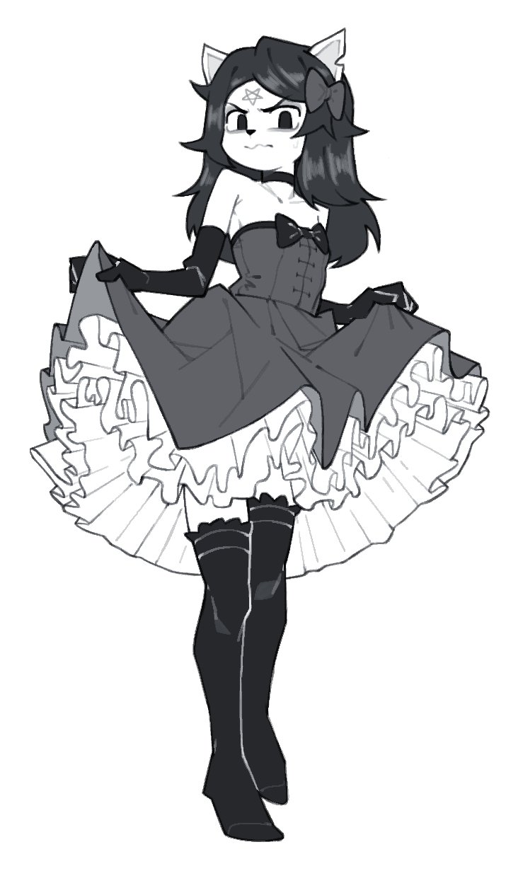 alternative_fashion anthro arms_bent armwear black_hair bodily_fluids clipped_ear clothed clothing clothing_lift collar curtsey dress dress_lift elbow_gloves embarrassed female frilly frilly_clothing gloves goth hair handwear long_hair looking_at_viewer occult_symbol pentagram pentagram_on_forehead simple_background solo standing sweat symbol wavy_mouth white_background slavyan cartoon_hangover the_summoning claire_(the_summoning) domestic_cat felid feline felis mammal 2025 black_and_white digital_media_(artwork) hi_res monochrome