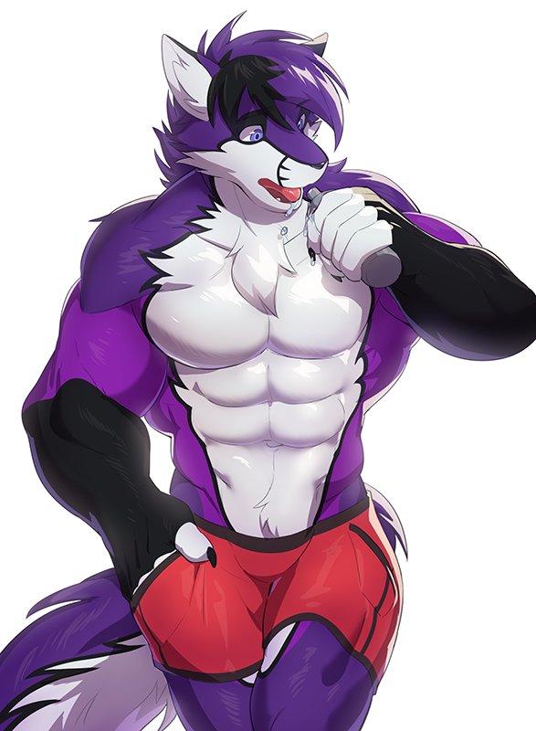 abs anthro biceps big_muscles black_hair black_nose bottomwear clothed clothing fur hair male muscular muscular_anthro muscular_male pecs purple_body purple_fur purple_hair shorts solo topless white_body white_fur velk shyloc canid canine canis fox hybrid mammal wolf 2018