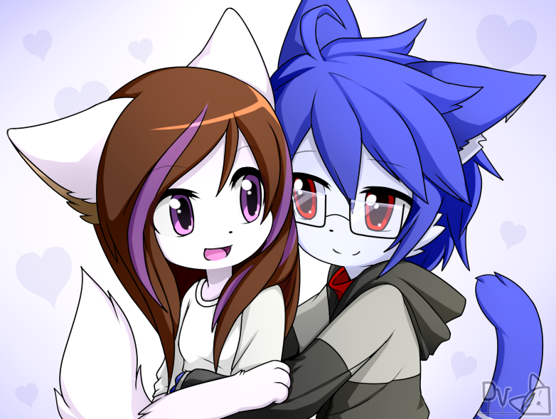 ahoge amber_eyes anthro black_clothing black_hoodie black_nose black_topwear blue_body blue_ears blue_fur blue_hair blue_tail brown_hair clothing duo eye_contact eyewear female fur glasses glistening glistening_eyes grey_clothing grey_hoodie grey_topwear hair hand_on_arm heart_background hoodie hug kemono logo looking_at_another looking_at_partner male male/female monotone_body monotone_fur monotone_hair monotone_tail multicolored_body multicolored_fur multicolored_hair notched_ear open_mouth open_smile purple_eyes purple_hair raised_tail rectangular_glasses red_clothing red_shirt red_topwear romantic romantic_couple shirt simple_background smile standing t-shirt tail tongue topwear two_tone_body two_tone_fur two_tone_hair two_tone_hoodie two_tone_tail white_body white_clothing white_ears white_fur white_shirt white_t-shirt white_tail white_topwear devil-vox devy_(devil-vox) domestic_cat felid feline felis mammal 2016 artist_logo character_request digital_drawing_(artwork) digital_media_(artwork) signature