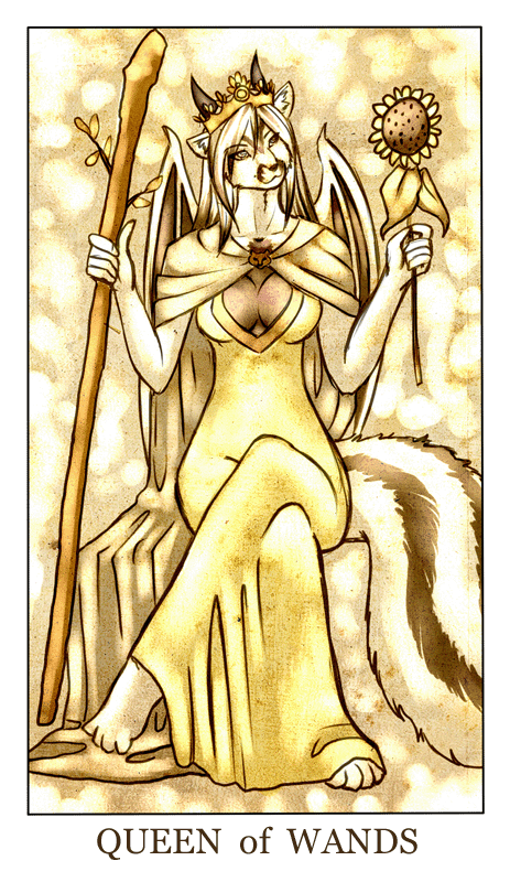 anthro black_body black_fur breasts card card_template cleavage cloak clothed clothing crown dress female flower fortune_telling fur hair headgear horn membrane_(anatomy) membranous_wings minor_arcana plant queen_of_wands_(tarot) royalty solo staff sunflower tail tarot tarot_card wands_(tarot) white_body white_fur white_hair wings feralise mythology lapris dragon hybrid mammal mephitid mythological_creature mythological_scalie scalie skunk striped_skunk