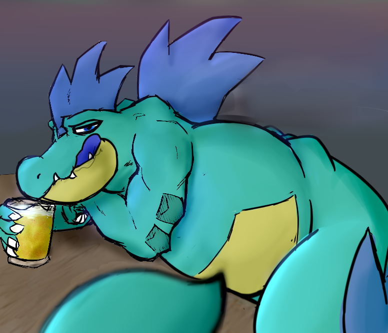 alcohol bedroom_eyes beer belly beverage big_belly feral feral_pred imminent_vore licking licking_lips male male_pred narrowed_eyes seductive solo tongue tongue_out vore fuzgatr nintendo pokemon feraligatr generation_2_pokemon pokemon_(species) shiny_pokemon