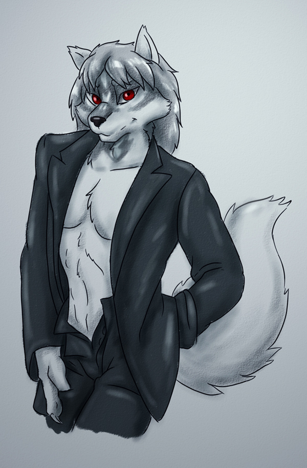 anthro biped black_nose cheek_tuft chest_tuft claws clothed clothing facial_tuft fluffy fluffy_tail fur grey_background grey_body grey_fur grey_hair hair looking_at_viewer male neck_tuft red_eyes simple_background solo tail tail_tuft tuft bleakcat canid canine mammal