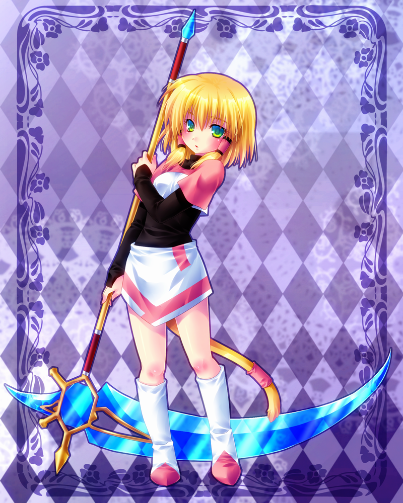 abstract_background blonde_hair boots bottomwear clever clothed clothing female footwear glass_scythe glass_weapon hair looking_at_viewer melee_weapon monkey_tail polearm scythe shoes simple_background skirt solo tail weapon minatosaiga final_fantasy final_fantasy_ix square_enix mikoto_(final_fantasy) alien animal_humanoid cat_humanoid felid felid_humanoid feline feline_humanoid genome_(final_fantasy) humanoid mammal mammal_humanoid tailed_humanoid terran 4:5