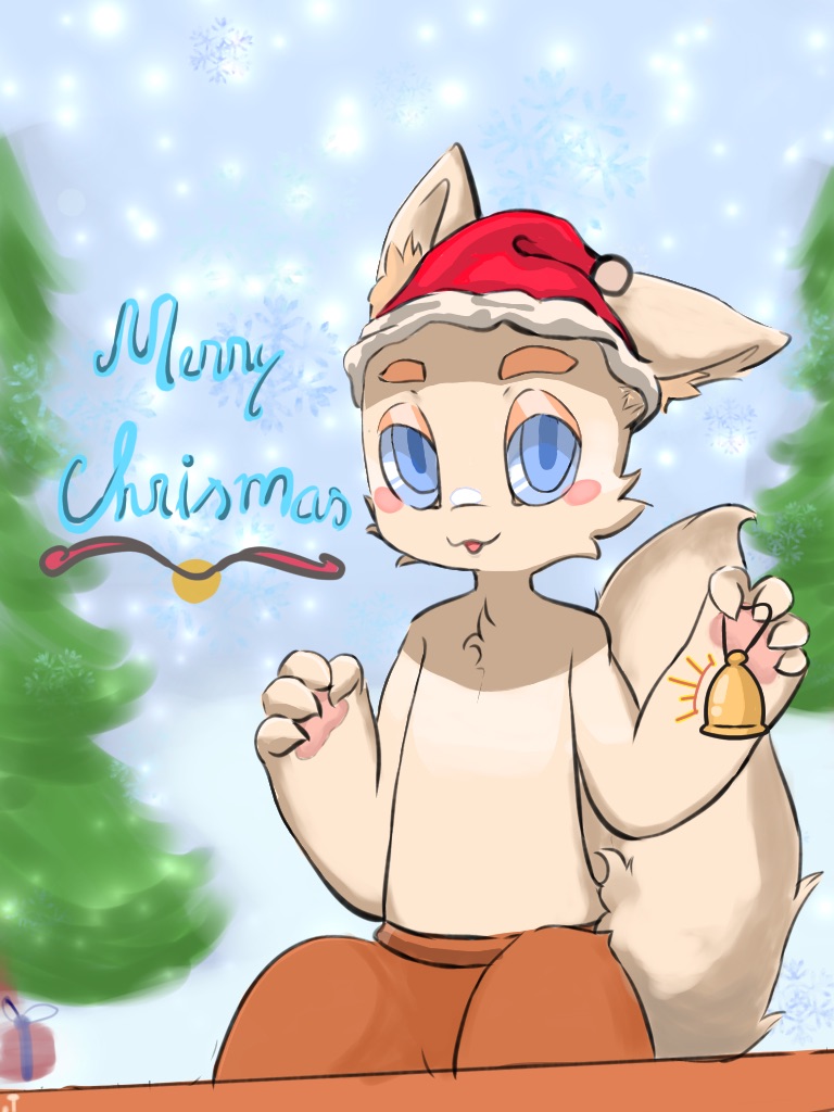 4_fingers anthro bell blue_eyes blue_sclera blush chest_tuft christmas_clothing christmas_headwear christmas_present clothed clothing detailed_background evergreen_tree featureless_chest fingers fur gift hat headgear headwear holidays inner_ear_fluff male open_mouth outside pawpads pine_tree plant ringing_bell santa_hat snow snowing solo tan_body tan_fur topless tree tuft anonymous_artist christmas domestic_cat felid feline felis mammal 3:4 digital_media_(artwork)