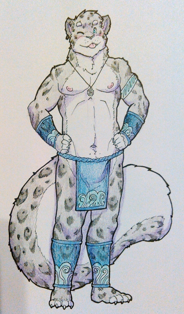 anthro bottomwear clothing jewelry loincloth male solo tongue tongue_out tribal tribal_clothing baraking opalance felid feline mammal pantherine snow_leopard