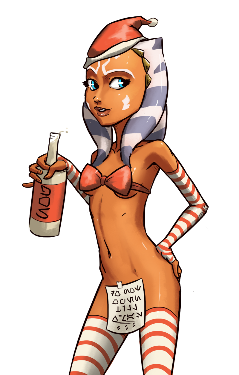 alcohol beverage blue_eyes breasts christmas_clothing christmas_headwear clothing female food hat head_tails headgear headwear holidays legwear lekku_(anatomy) lips not_furry orange_body orange_skin ribbons santa_hat small_breasts solo stockings tourbillon christmas star_wars ahsoka_tano alien alien_humanoid humanoid togruta hi_res