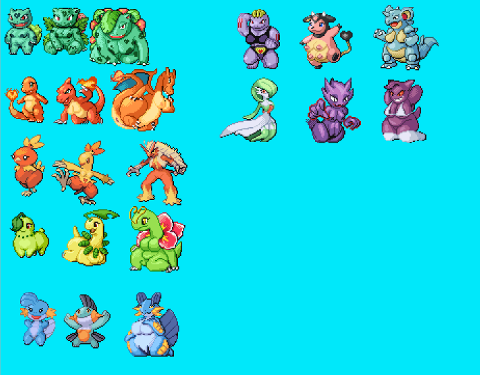 all_fours anthro anthrofied big_breasts blue_eyes breasts claws cyan_background dragon_wings evolutionary_family female feral flat_chested genitals group hand_behind_head kneeling monotone_background multi_breast multicolored_body pussy raised_arm red_eyes simple_background slightly_chubby small_breasts sprite sprite_art standing wings crossman nintendo pokemon blaziken bulbasaur charizard charmander charmeleon chikorita combusken gardevoir generation_1_pokemon generation_2_pokemon generation_3_pokemon gengar haunter ivysaur machoke marshtomp miltank mudkip nidoqueen pokemon_(species) swampert torchic venusaur digital_media_(artwork) pixel_(artwork)