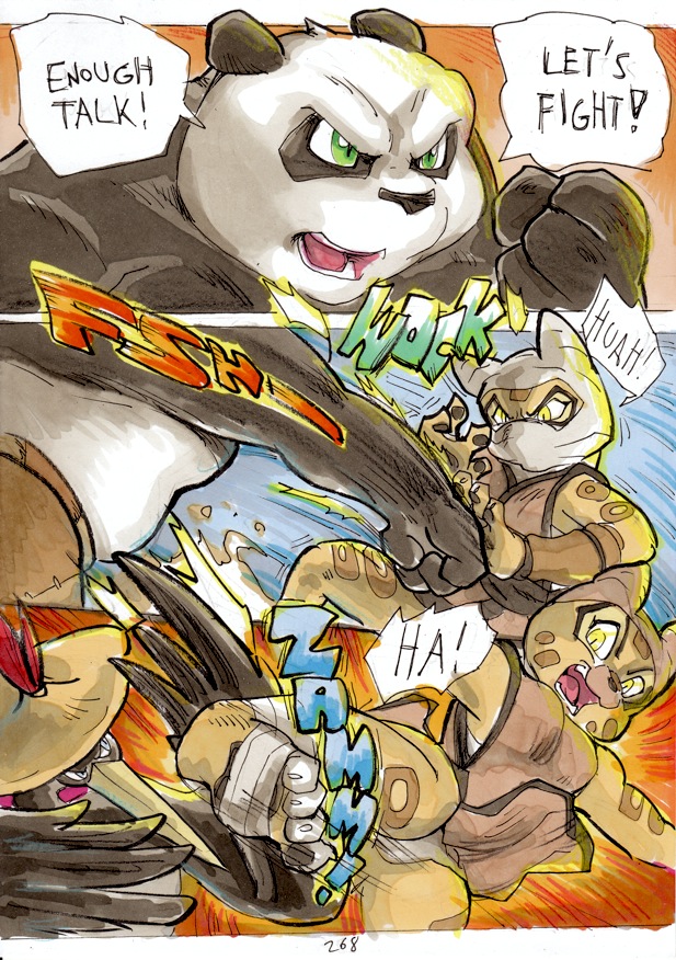 anthro dialogue female feral fight fur male multicolored_body multicolored_fur speech_bubble text daigaijin better_late_than_never dreamworks kung_fu_panda master_crane master_po_ping wan_wu wing_wu wu_sisters avian bear bird black-necked_crane crane_(bird) felid giant_panda gruiform grus_(genus) leopard mammal pantherine 2014 comic english_text painting_(artwork) traditional_media_(artwork) watercolor_(artwork)