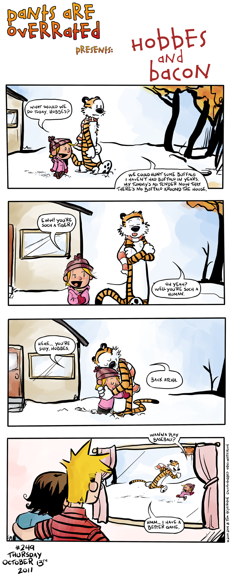 countershading duo_focus female group hug inside male outside plushie snow stripes text pants_are_overrated calvin_and_hobbes bacon_(hobbes_and_bacon) calvin_(calvin_and_hobbes) hobbes susie_derkins felid mammal pantherine tiger comic english_text hi_res