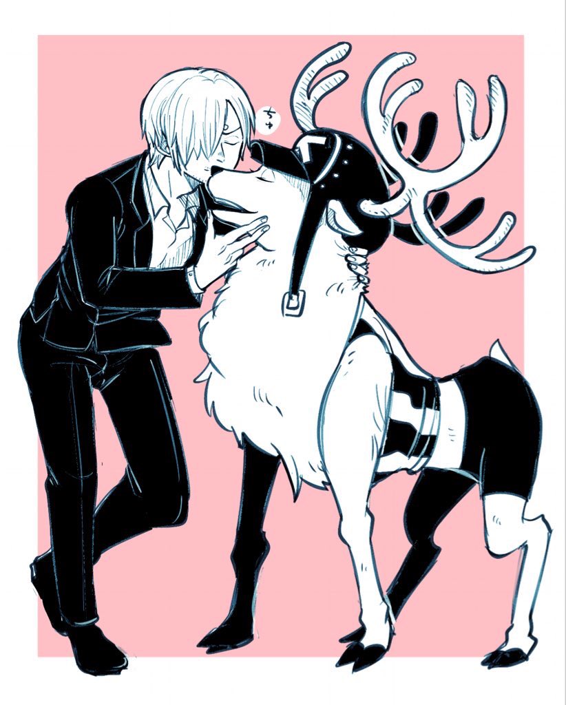 antlers bestiality clothing duo feral hat headgear headwear horn human_on_feral interspecies kissing male male/male male_on_feral necktie suit text a1 one_piece sanji_(one_piece) tony_tony_chopper tony_tony_chopper_(walk_point_form) deer human mammal new_world_deer reindeer japanese_text