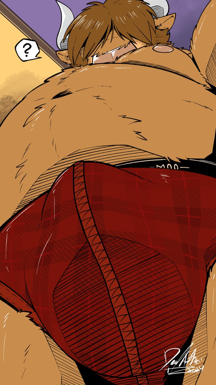 anthro belly big_belly big_bulge brown_body brown_fur bulge clothing covered_eyes fur hair hair_over_eyes horn looking_down low-angle_view male musclegut muscular navel overweight overweight_anthro overweight_male pattern_clothing pattern_underwear plaid plaid_clothing plaid_underwear question_mark red_clothing red_underwear solo tenting underwear worm's-eye_view deadanthro deadanthro_(character) bovid bovine cattle highland_cattle mammal 9:16 hatching_(art) hi_res shaded