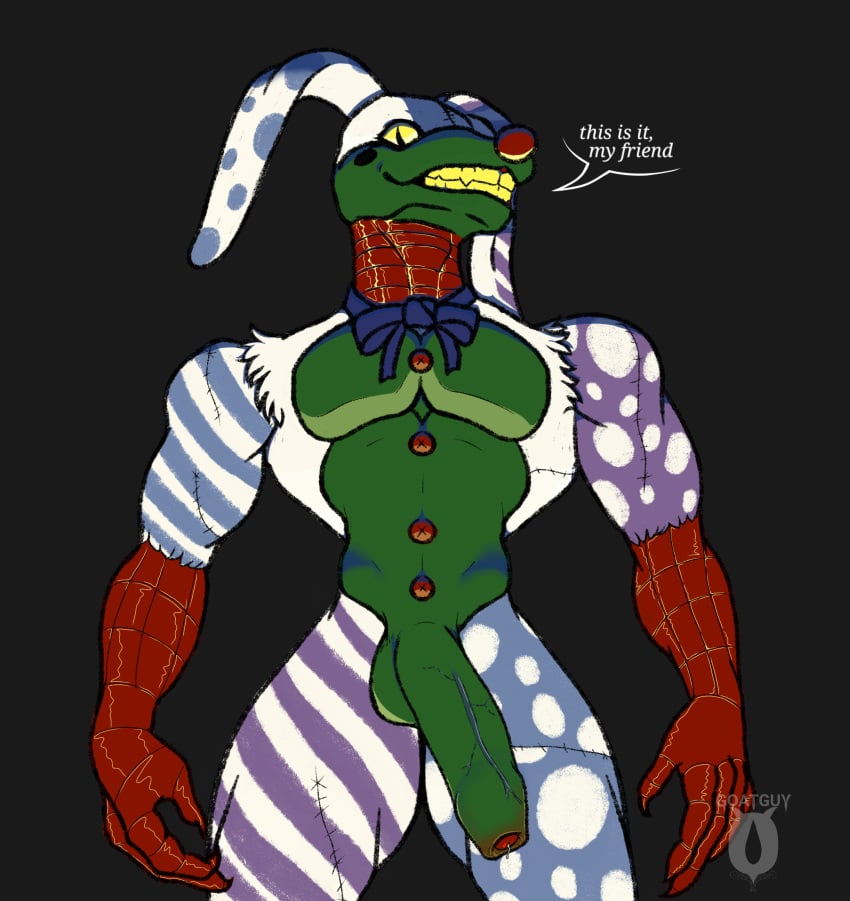 anthro bow_tie canine_teeth clown clown_nose dialogue foreskin genitals goatguy_boi_(artist) humanoid_genitalia humanoid_penis male penis solo vein veiny_penis the_walten_files mortality_(the_walten_files) lagomorph mammal patchwork_creature