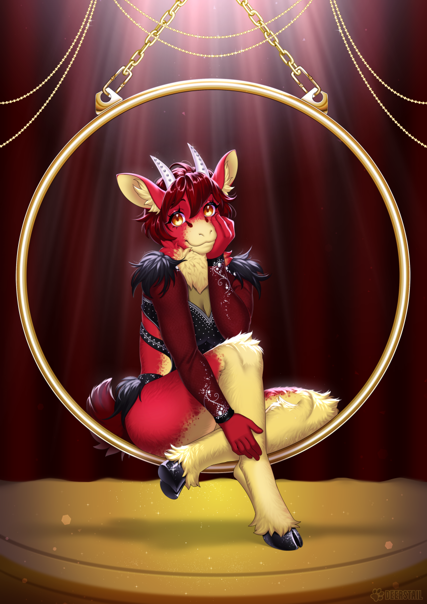 anthro biped black_hooves breasts cloven_hooves female fur furgonomics furry-specific_piercing hair hooves horn horn_piercing piercing red_body red_fur red_hair sitting solo deerstail amy_del_(nicoya) deer mammal 2022 hi_res