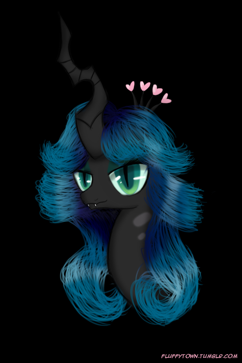 black_background eyeshadow fangs female green_eyes green_hair hair heart_symbol horn makeup pupils simple_background slit_pupils solo teeth text mixermike622 friendship_is_magic hasbro my_little_pony queen_chrysalis_(mlp) arthropod changeling 2014 2:3 bust_portrait english_text hi_res portrait url