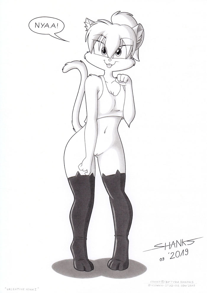 anthro bottomless clothed clothing cosplay costume female footwear genitals humor legwear lingerie navel no_underwear paws pussy socks solo stockings tongue tongue_out toony underwear tirashanks_(artist) conny_valentine_(tirashanks) domestic_cat felid feline felis mammal