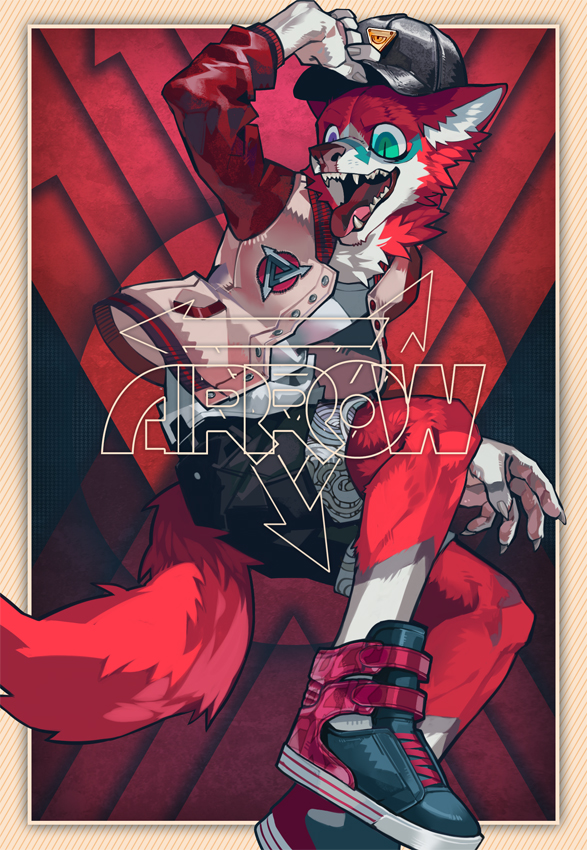 abstract_background anthro baseball_cap biped bottomwear claws clothed clothing countershading footwear fully_clothed fur hat headgear headwear heterochromia jacket letterman_jacket open_mouth red_body red_fur shoes shorts solo teeth tongue tongue_out topwear white_body white_countershading white_fur kuroblood arrow_(arrowolga) canid canine mammal 2016