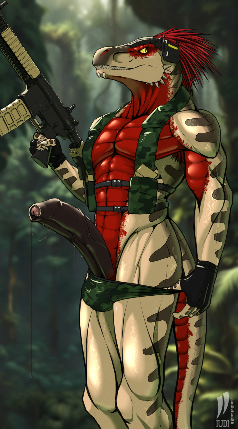 abs anthro bodily_fluids clothing fingerless_gloves foreskin forest genital_fluids genitals gloves gun handwear harness humanoid_genitalia jungle leaking_precum male muscular penis plant precum ranged_weapon rifle solo tree underwear weapon iudicium86 activision call_of_duty codasaurus dinosaur dromaeosaurid prehistoric_species reptile scalie theropod hi_res