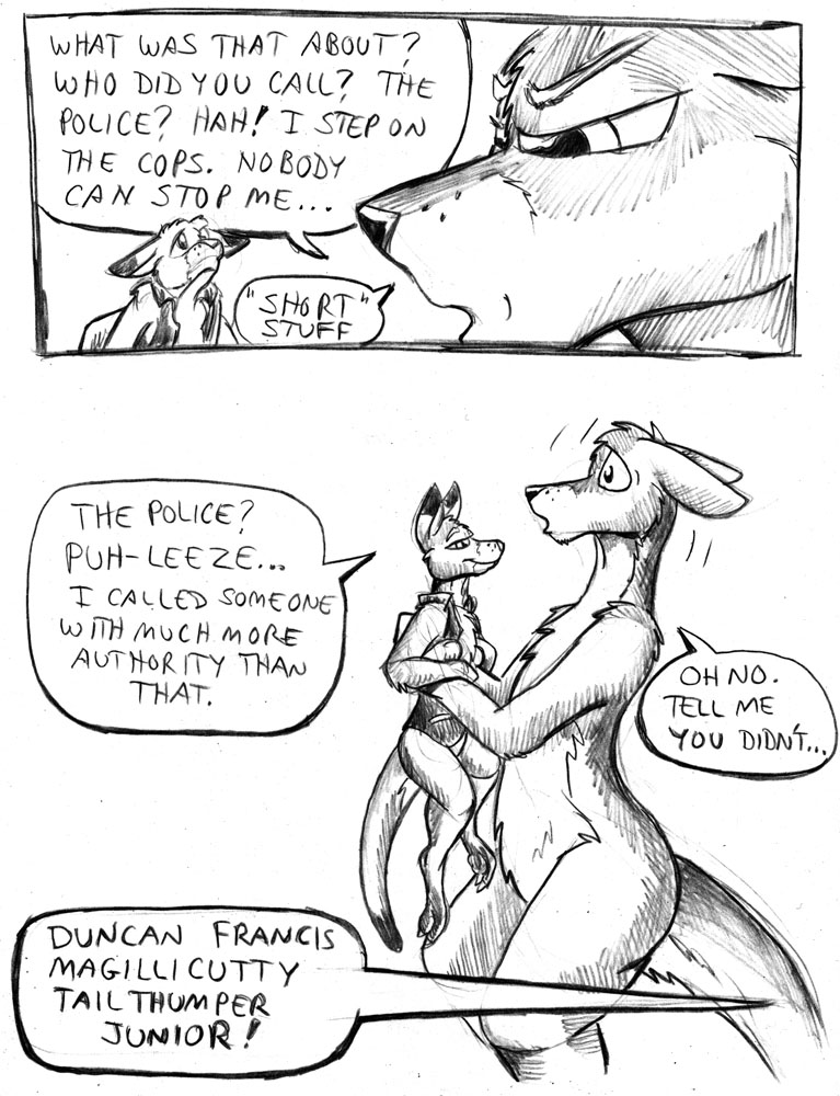 anthro bottomless clothed clothing dialogue dipstick_ears dipstick_tail duo ear_markings male markings multicolored_ears multicolored_tail nude open_clothing open_topwear open_vest shrinking size_transformation tail tail_markings text topwear transformation vest flinters duncan_roo flinters_(character) kangaroo macropod mammal marsupial comic english_text monochrome