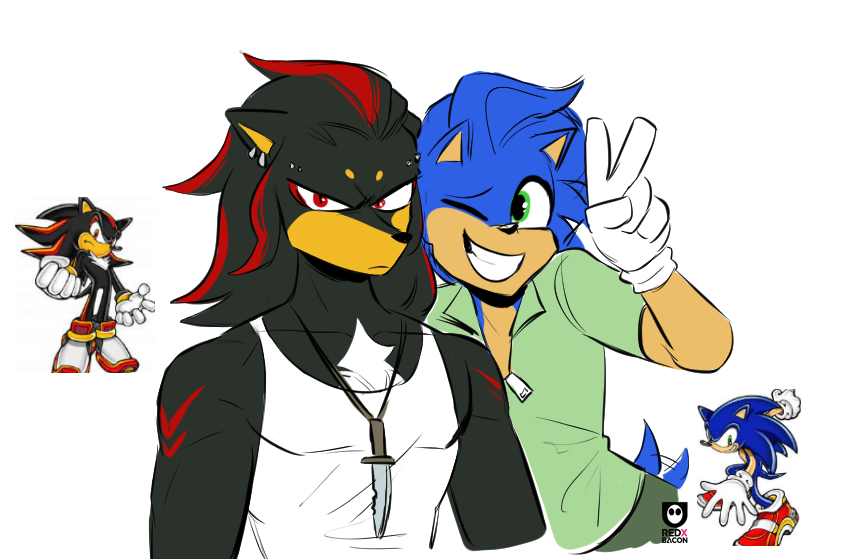 anthro black_body blue_body clothing duo footwear frown gesture gloves hand_gesture handwear jewelry looking_at_viewer male necklace one_eye_closed red_eyes scowl shirt shoes simple_background smile tank_top topwear unimpressed v_sign white_background wink winking_at_viewer redxbacon sega sonic_the_hedgehog_(series) shadow_the_hedgehog sonic_the_hedgehog eulipotyphlan hedgehog mammal