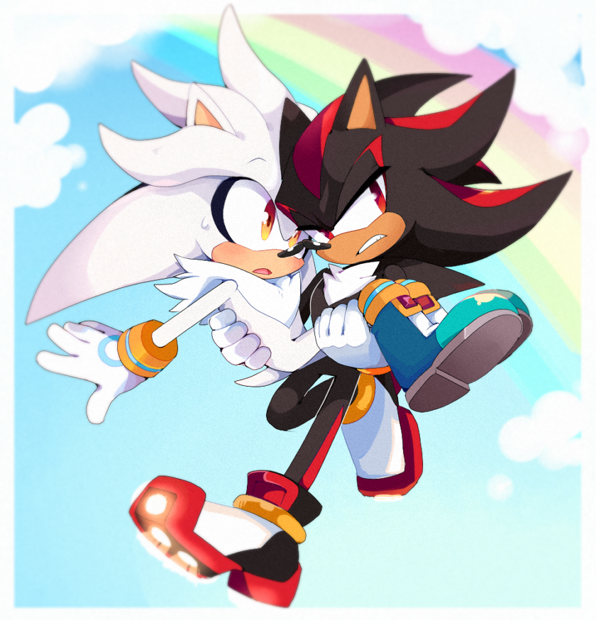 anthro boots carrying_another clothing cloud duo footwear gloves handwear male narrow_hips on_model rainbow shoes thigh_gap thin_calves thin_legs thin_thighs zzavok sega sonic_the_hedgehog_(series) shadow_the_hedgehog silver_the_hedgehog eulipotyphlan hedgehog mammal 2019