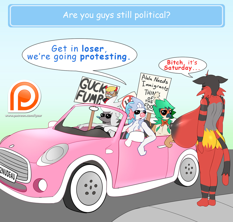 anthro anthrofied areola beak big_breasts breast_size_difference breasts butt car dialogue eyewear female group huge_breasts hyper hyper_breasts inside_car male nipples nude open_mouth outside patreon_logo pink_nipples pokemorph politics profanity public public_nudity road side_boob sign simple_background speech_bubble starter_trio sunglasses text vehicle website_logo what lysergide get_in_loser mean_girls nintendo patreon pokemon dani_(lysergide) donald_trump helvetica_(lysergide) prilly_(lysergide) tits_(lysergide) avian bird canid canine decidueye felid furfrou generation_6_pokemon generation_7_pokemon gumshoos herpestid incineroar mammal marine natural_furfrou pinniped pokemon_(species) primarina 2017 comic_sans digital_media_(artwork) english_text url