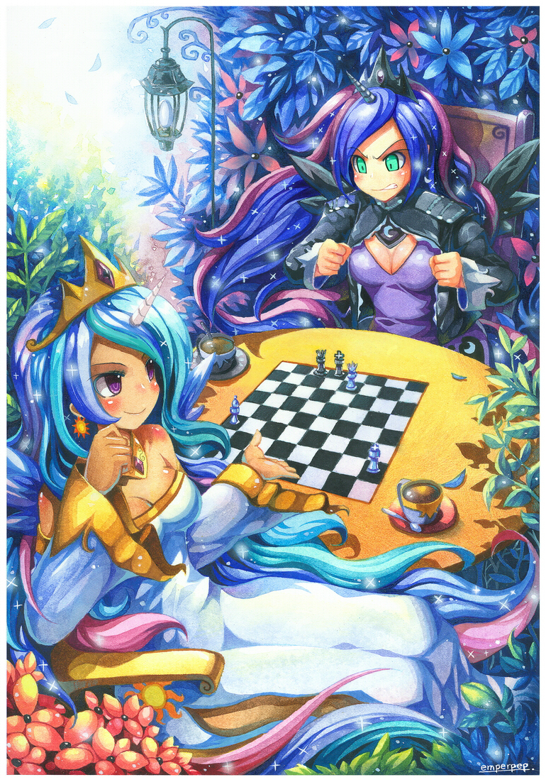 angry beverage bishop blue_eyes blue_hair blush board_game border breasts chair checkerboard_(object) chess cleavage clothed clothing container crown cup cutlery dress duo ear_piercing female flower food frown furniture gaming garden hair hand_on_chin headgear horn humanoidized jacket king kitchen_utensils lamp long_hair multicolored_hair open_mouth outside piercing plant plate princess purple_clothing purple_eyes purple_shirt purple_topwear queen raised_hand royalty shirt shrub sitting smile spoon sun tea teeth tools topwear upset white_border white_clothing white_dress wings emperpep friendship_is_magic hasbro my_little_pony princess_celestia_(mlp) princess_luna_(mlp) animal_humanoid equid equid_humanoid equine equine_humanoid horned_humanoid humanoid mammal mammal_humanoid winged_humanoid sibling_(lore) sister_(lore) sisters_(lore)