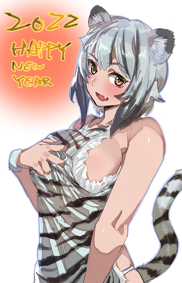 blush breasts clothed clothing female grey_hair hair holidays looking_at_viewer pattern_clothing side_boob solo striped_clothing stripes bow_(artist) new_year animal_humanoid felid felid_humanoid humanoid mammal mammal_humanoid pantherine pantherine_humanoid tiger_humanoid 2022