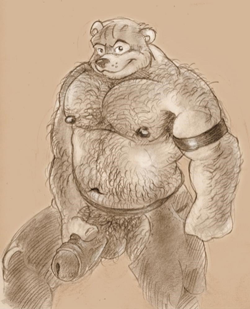 anthro balls biceps clothed clothing erection genitals holding_penis humanoid_genitalia humanoid_penis looking_at_viewer male muscular navel nipples overweight overweight_male pecs penis smile solo topless trashcanchampion bear mammal