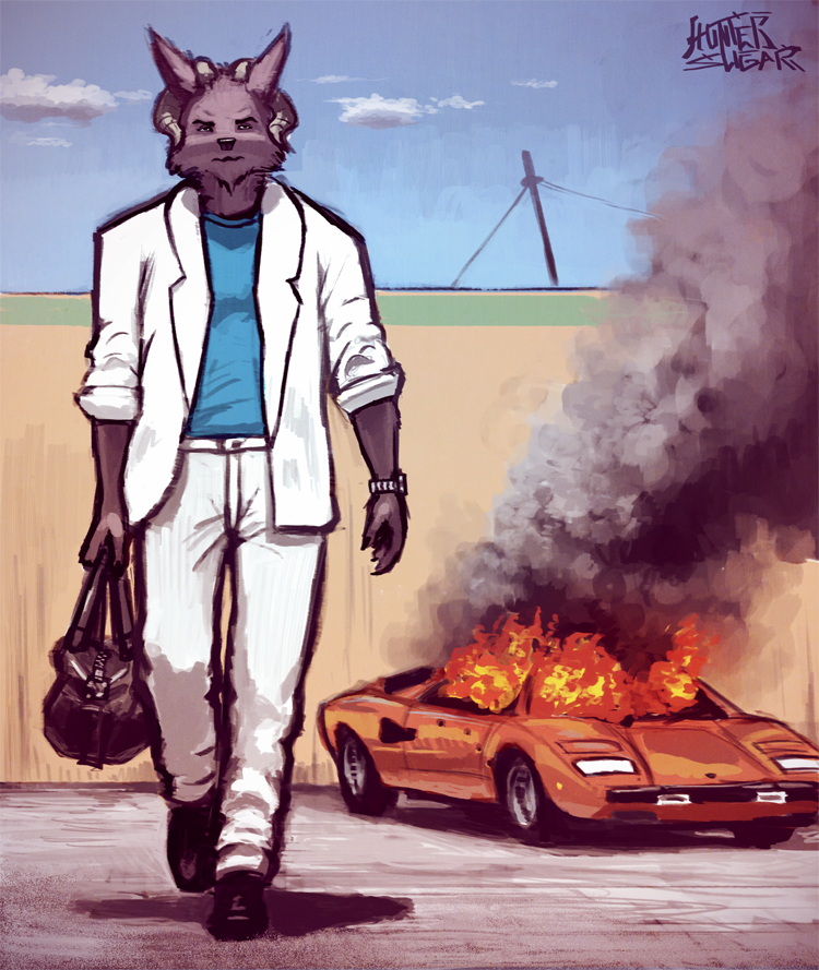 1980s_theme 80s_clothing alternate_species anthro bag black_body black_fur blue_clothing blue_topwear bottomwear bullet_hole car clock clothed clothing cloud curved_horn fire front_view fur furrification headlights holding_bag holding_object horn male orange_car outside parody power_lines power_pole serious smoke solo topwear vehicle walking watch white_bottomwear white_clothing white_topwear wristwatch sligarthetiger lamborghini lamborghini_countach miami_vice ehru_(sligarthetiger) canid canine canis mammal suveghn wolf