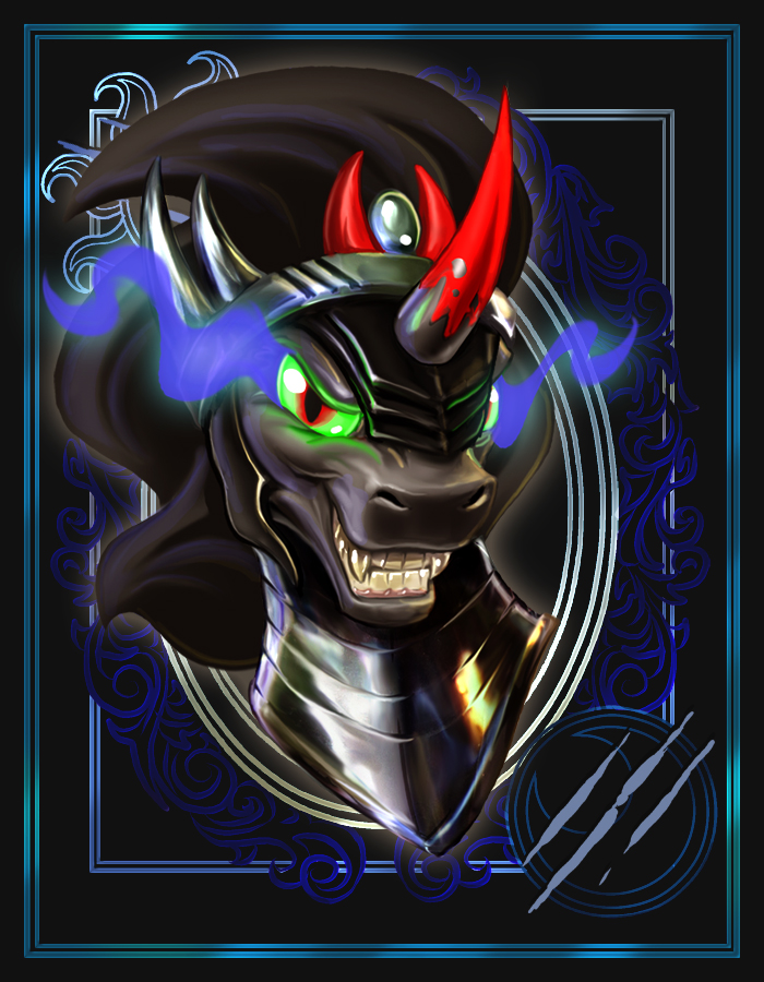 armor black_border black_hair border crown eye_mist fangs hair headgear horn looking_at_viewer male ornate_border oval pupils red_eyes slit_pupils smile solo teeth harwick friendship_is_magic hasbro my_little_pony mythology king_sombra_(mlp) equid equine mammal mythological_creature mythological_equine unicorn 2014 bust_portrait digital_media_(artwork) portrait