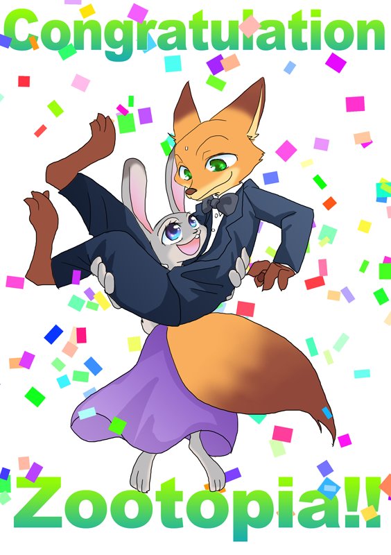 anthro barefoot black_tie_(suit) blue_eyes clothed clothing confetti dipstick_ears dipstick_tail dress duo ear_markings feet female fully_clothed fur green_eyes holding_character jumping male markings multicolored_ears multicolored_tail open_mouth open_smile purple_eyes size_difference smile suit tail tail_markings text izumi_(artist) izumi_h27 academy_awards disney zootopia judy_hopps nick_wilde canid canine fox lagomorph leporid mammal rabbit red_fox true_fox 2017