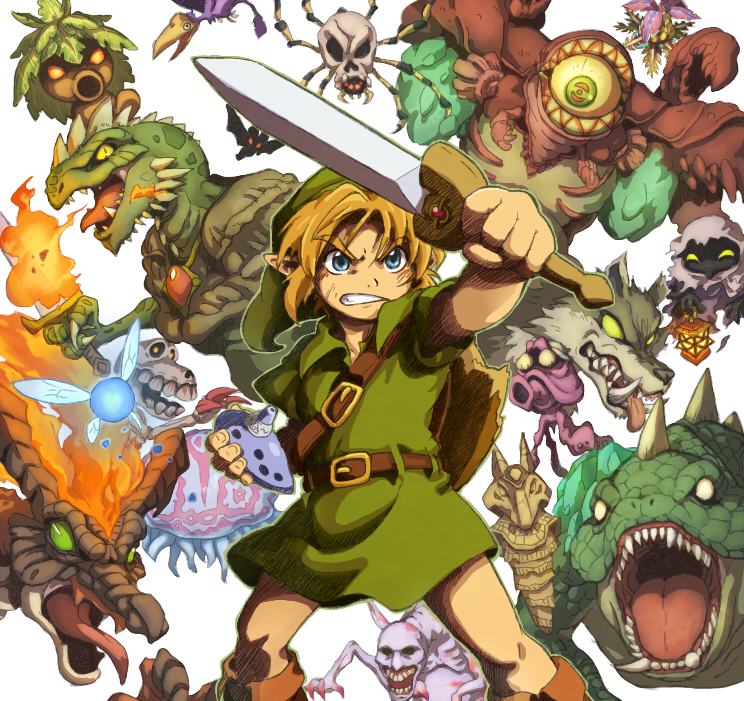 ambiguous_gender beak blonde_hair blue_eyes breath_powers clothing elemental_manipulation fire fire_breathing fire_manipulation footwear group hair hat headgear headwear holding_object humanoid_pointy_ears male melee_weapon open_mouth plant sword teeth weapon wings vio nintendo ocarina_of_time the_legend_of_zelda navi young_link arachnid arthropod avian canid canine canis dead_hand deku_(tloz) deku_scrub elemental_creature elemental_humanoid fairy flora_fauna ghost humanoid hylian lizard mammal monster octorok plant_humanoid poe reptile scalie skulltula spider spirit stalfos undead wolf 2015