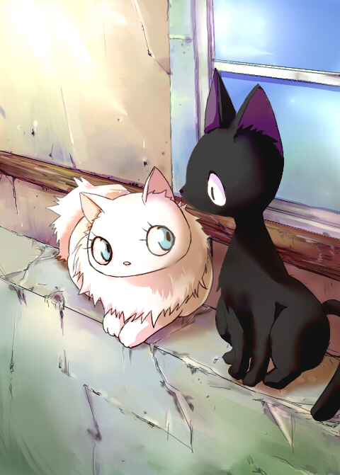 duo female feral ledge outside quadruped tail window appe ghibli kiki's_delivery_service jiji_(kds) lily_(kds) domestic_cat felid feline felis mammal