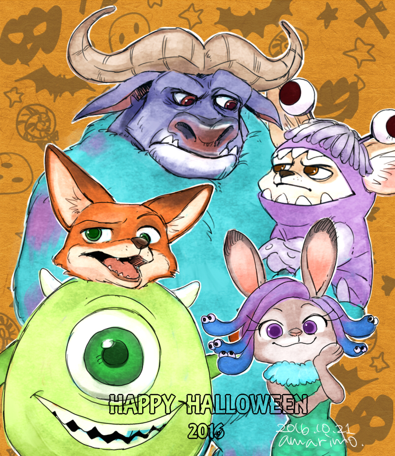 anthro cheek_tuft clothing costume facial_tuft fur grey_body grey_fur group halloween_costume holidays horn open_mouth orange_body orange_fur smile tan_body tan_fur tuft amarimo disney halloween monsters_inc pixar zootopia celia_mae chief_bogo finnick_(zootopia) judy_hopps mike_wazowski nick_wilde bovid bovine canid canine cape_buffalo fennec_fox fox lagomorph leporid mammal rabbit red_fox true_fox 2016 colored crossover digital_drawing_(artwork) digital_media_(artwork)