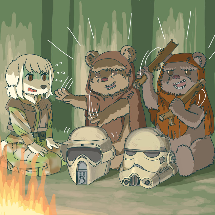 anthro clothed clothing female fire group kemono stick trio ekaki510 return_of_the_jedi star_wars canid canine canis domestic_dog ewok maltese mammal toy_dog 1:1 2023