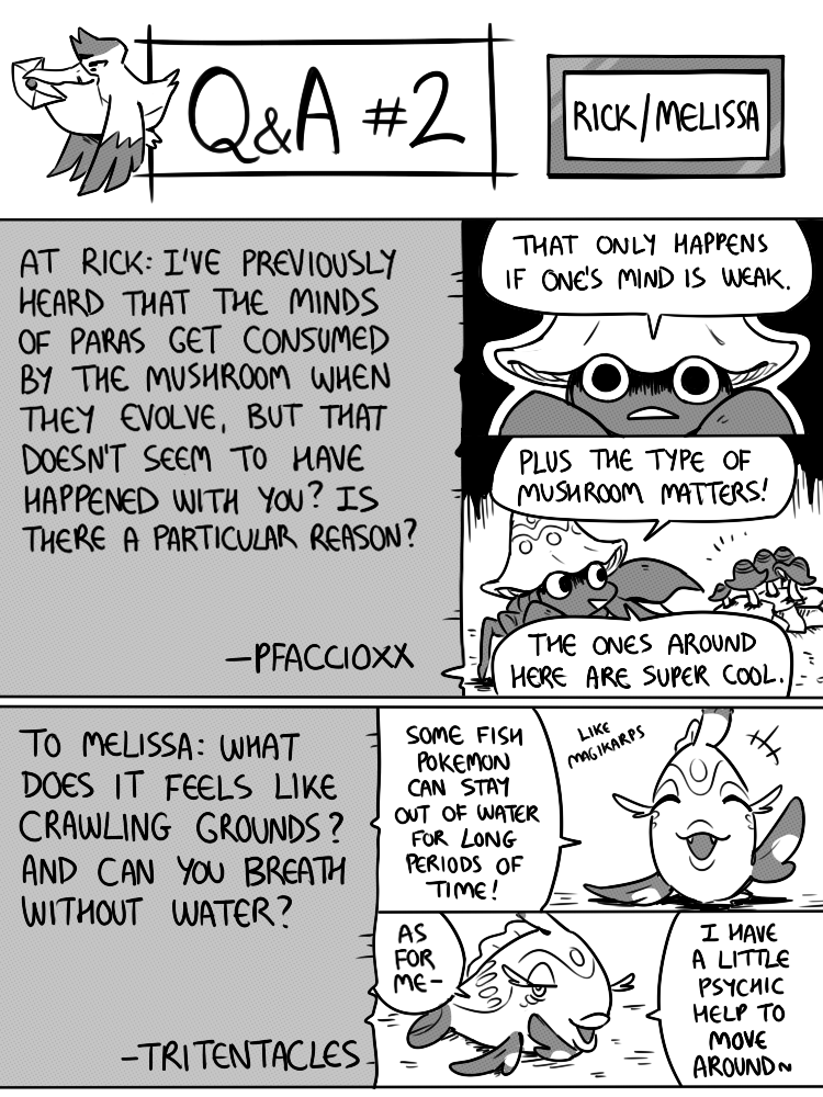 ambiguous_gender black_eyes black_text claws dialogue duo exclamation_point eyelashes eyes_closed feral fin fungus gesture hand_gesture letter lips mushroom number open_mouth open_smile pointing question_mark questions_and_answers smile speech_bubble text white_sclera wings flavia-elric nintendo pokemon melissa_(yapc) rick_(yapc) bruxish generation_1_pokemon generation_3_pokemon generation_7_pokemon parasect pelipper pokemon_(species) 2022 3:4 digital_media_(artwork) english_text monochrome