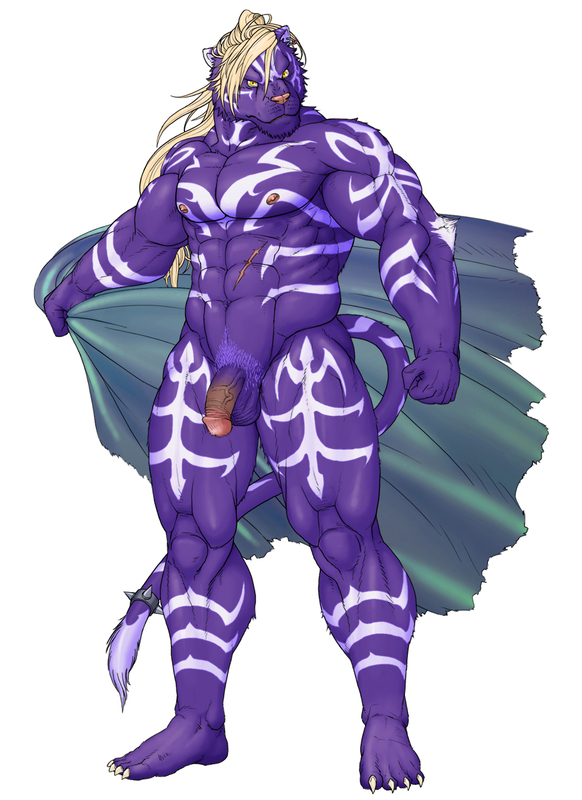 4_toes abs anthro balls biceps big_muscles biped feet flaccid fur genitals hair looking_at_viewer male markings muscular muscular_anthro muscular_male nude pecs penis pose scar solo tail toes gemini_kemono onmyou_taisenki rangetsu_(onmyou_taisenki) felid mammal pantherine